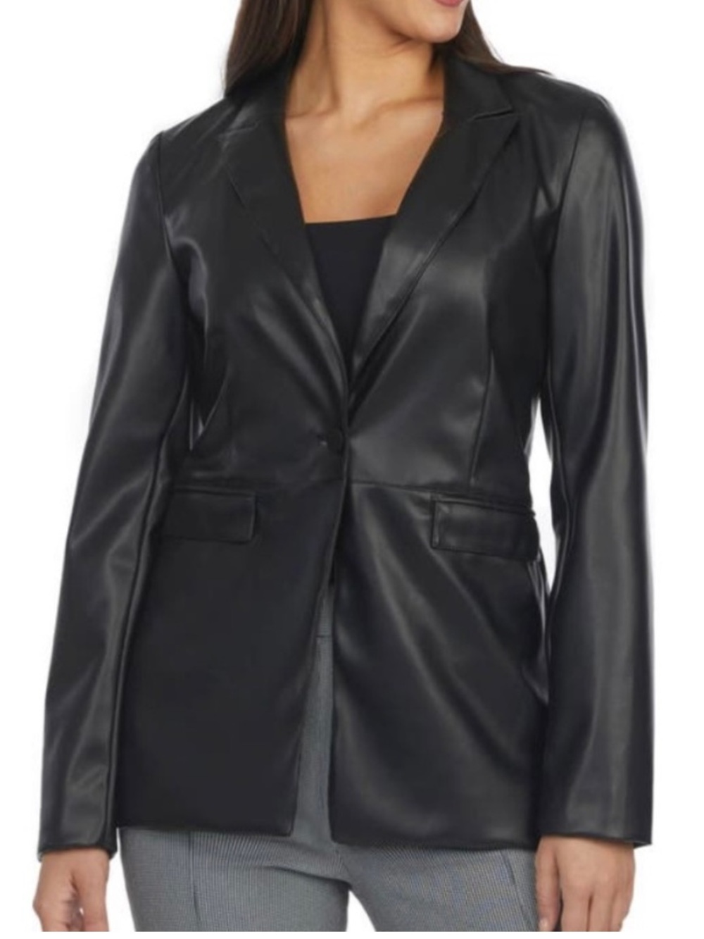 LAUNDRY by Shelli Segal Faux Leather Black Lightweight Single Button Blazer XS